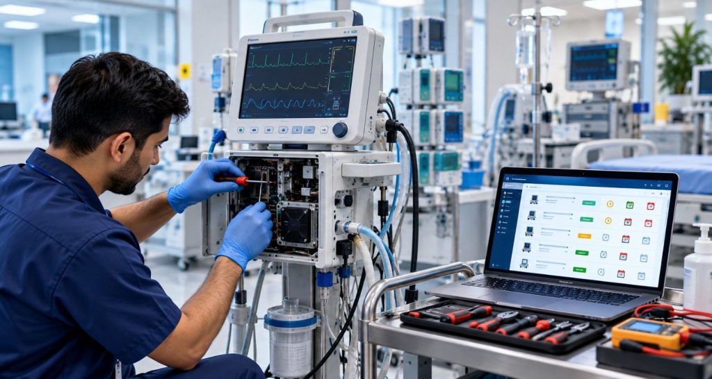 Biomedical Technician Repairing Medical Equipment
